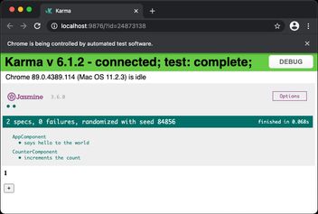 Screenshot from a web browser showing Karma Jasmine with the test completed