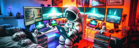 AI generate image of a knitted astronaut sitting in a typical gamer boy's bedroom, working on his Macbook. Behind him are five large monitors and a few more laptops. There are also more, small, knitted plushies scattered around the desk.