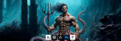 AI generated image of a figure depicting Triton holding his trident, long hair flowing in the underwater landscape. At the center bottom of the image we see 5 app icons: Midjourney, openAI, Magnific AI, Photoshop and Figma.