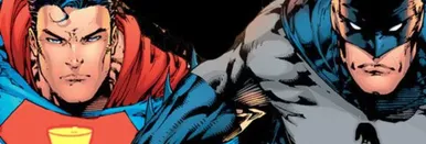 Comic showing Batman and Superman with a grim face looking into the camera. On Superman's Chest is a Gulp Logo while Batmans chest shows a witches hat