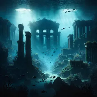 Temple-like structures underwater, representing the sunken city of Atlantis. The lighting is high in contrast and contains a turquoise glow. Fish are swimming all throughout the structures.