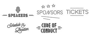 five illustrations with the following text: 'speakers', 'sponsors', 'tickets', 'schedule & location', 'code of conduct'.