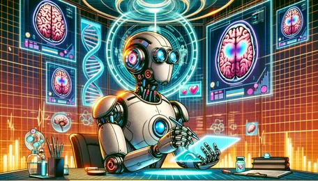 A silver colored robot with blue glowing eyes and heart, working with an electrical pencil on a holographic tablet. Behind him there are futuristic depictions of screens showing braind with different levels of activity.