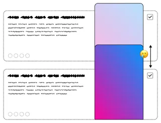 An illustration with a white background featuring two sets of overlapping cards. In each set, a rectangular card with placeholder text is partially obscured by a second card with a gradient transitioning from pink to blue. The overlapping issue is highlighted, as the second card hides parts of the text card beneath it. A smiley emoji draws attention to this problem, with checkboxes on the top right corners of the gradient cards.