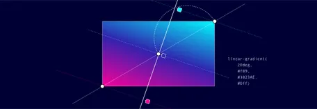 A rectangle with a hotpink, dark blue and turquoise gradient. There are multiple solid and dashed lines set to help understand the angle that this gradient is at.