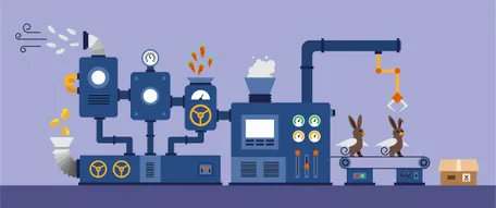 An illustration of a factory machine where feathers, carrots and cheese are the input. Out of the machine come cute rabbits with mouse-like curly tails and wings.