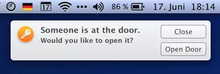 Dialog reading: 'Someone is at the door. Would you like to open it?' on the right there are two buttons labeled 'close' and 'open door'