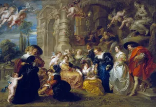 A richly dressed group of figures in a lush garden, surrounded by fountains, trees, and Baroque architecture.
