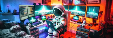 AI generate image of a knitted astronaut sitting in a typical gamer boy's bedroom, working on his Macbook. Behind him are five large monitors and a few more laptops. There are also more, small, knitted plushies scattered around the desk.