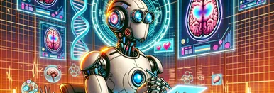 A silver colored robot with blue glowing eyes and heart, working with an electrical pencil on a holographic tablet. Behind him there are futuristic depictions of screens showing braind with different levels of activity.