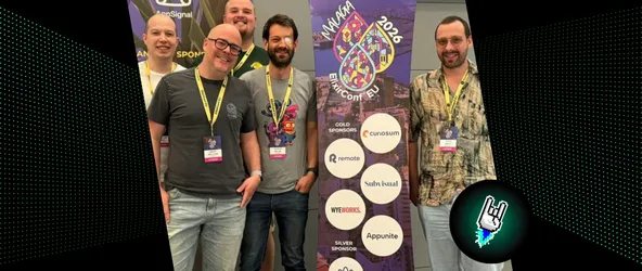 Das 9elements Team vor einem Schild der ElixirConfEU 2026.