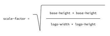 Mathematical formula for the scale factor calculation: The scale factor equals the square root of the quotient where the numerator is base height squared (base-height × base-height) and the denominator is the product of logo width and logo height.