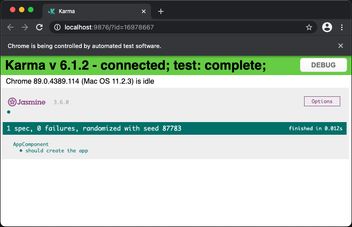 Screenshot of a web browser showing karma jasmine application with the completed testing