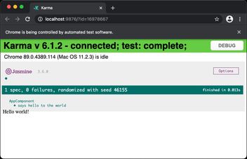 Screenshot of a web browser showing karma jasmine with test completed