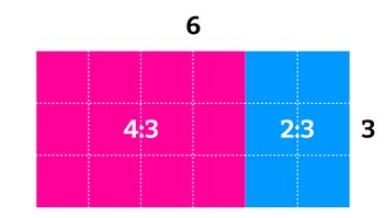 A 6x3 grid where every cell is a square. A 4x3 area is filled in pink and a 2x3 area filled with cyan.