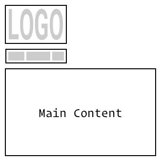 Wireframe showing the responsive version, a logo in the top left corner, nav items below. Main content below.